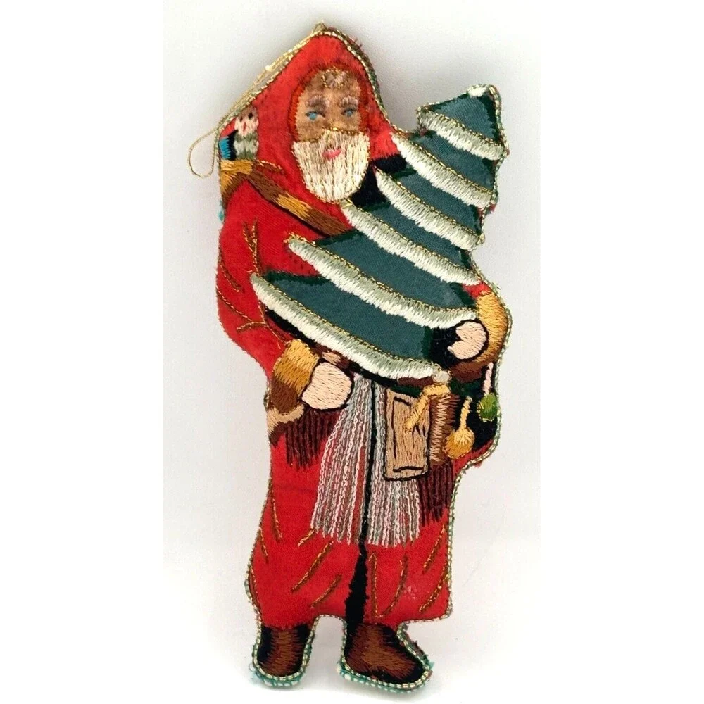 Embroidered Cloth Santa Christmas Ornament Stuffed Vintage Two Sided Old World‎